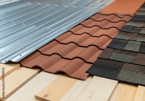 Different roofing materials samples on wooden base, comparison of roof covering types