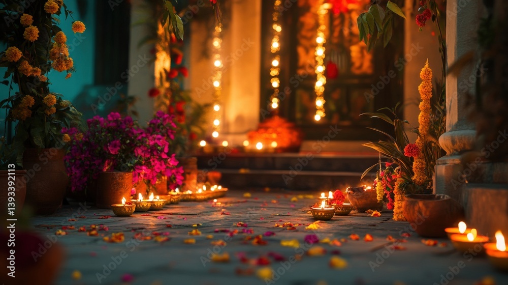 Obraz premium Candles and Flowers Illuminate a Festive Courtyard at Night