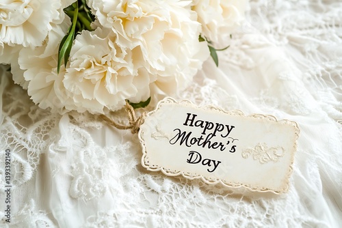 A "Happy Mother's Day" tag in an antique script, accompanied by a vintage bouquet of ivory carnations on a white lace antique tablecloth.