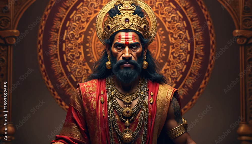 Fototapeta premium Portrait of divine Hindu figure adorned with rich gold jewelry crown and red traditional garments. Spiritual background perfect for Hanuman Jayanti, religious Indian celebration. Copy space design.