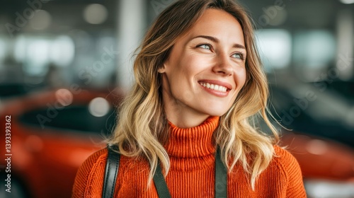 A beautiful woman smiles in a car dealership, envisioning her new vehicle purchase and future.