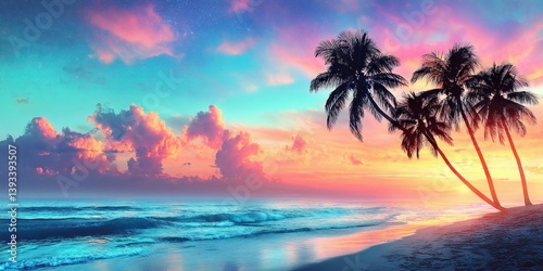 Stunning sunset paints the sky over a tropical beach with palm trees and ocean waves.