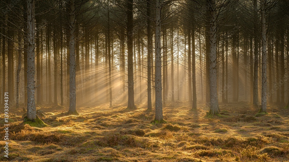 Sunbeams pierce tall trees in serene forest setting, illuminating the ground Sunbeams pierce tall trees in serene forest setting, illuminating the ground