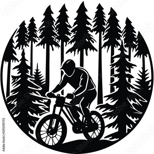 Silhouette Biker Rides Mountain Bike in Forest Circle | Outdoor Adventure