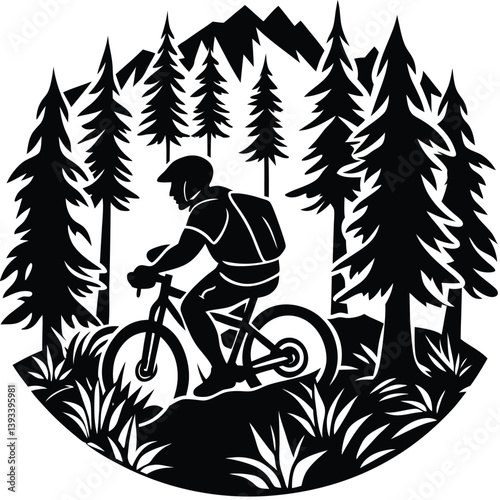 Mountain Biker Silhouette Ride Through Pine Forest Trees and Rocky Mountainscape Design