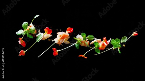 Avant garde experimental salad levitating elements frozen in motion