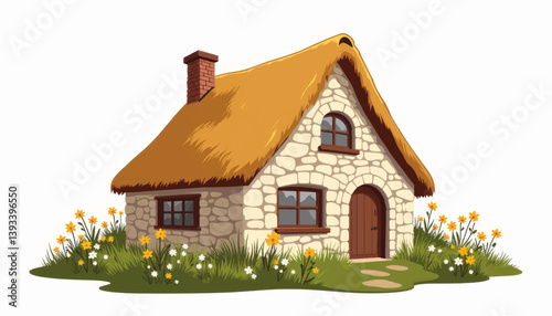 Charming stone cottage in wildflower meadow, idyllic escape