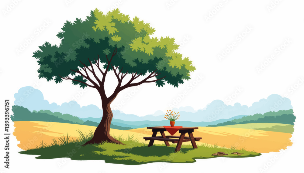 Serene lunch table under a lone tree in open field, peaceful gathering