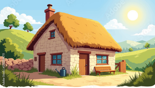 Charming rural cottage basking in sunlight, idyllic countryside escape
