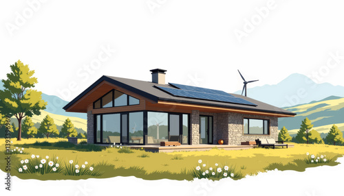 Modern bungalow in rural landscape with solar panel, eco-friendly design