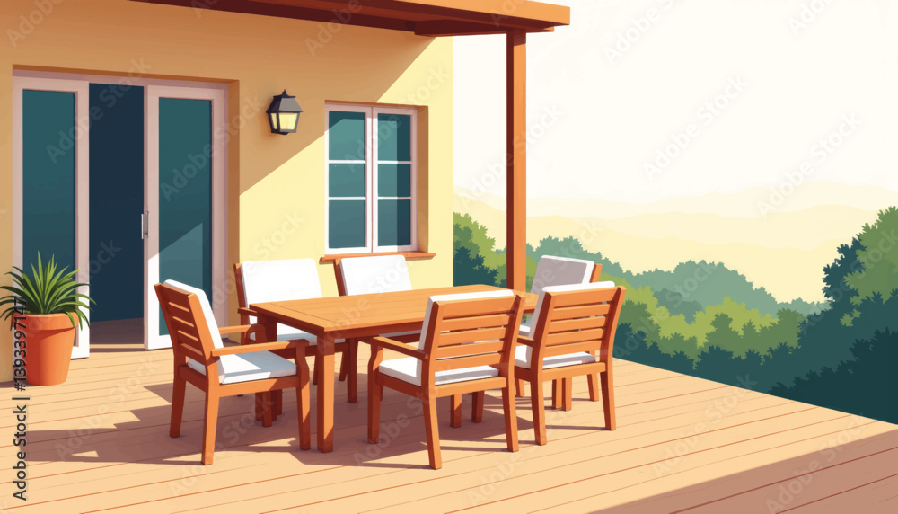 Obraz premium Stylish outdoor dining set on wooden deck, summer relaxation