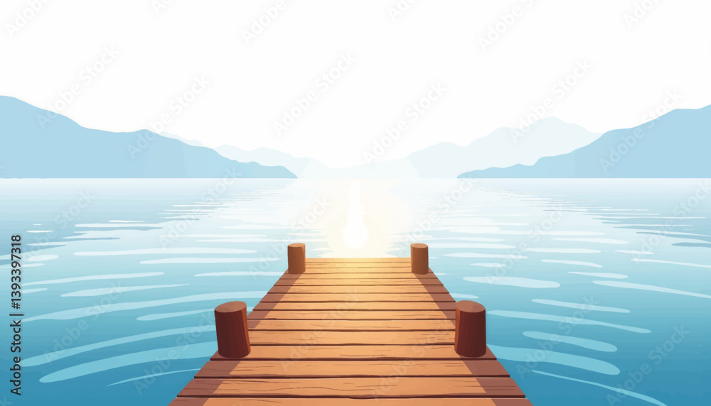 Tranquil wooden dock by calm lake with geometric ripples, serenity