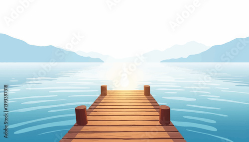 Obraz na płótnie Tranquil wooden dock by calm lake with geometric ripples, serenity w salonie