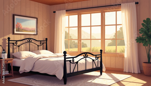 Cozy bedroom with wrought iron bed and countryside view, tranquility