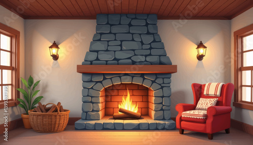 Cozy stone fireplace with armchair in warm cottage, inviting warmth