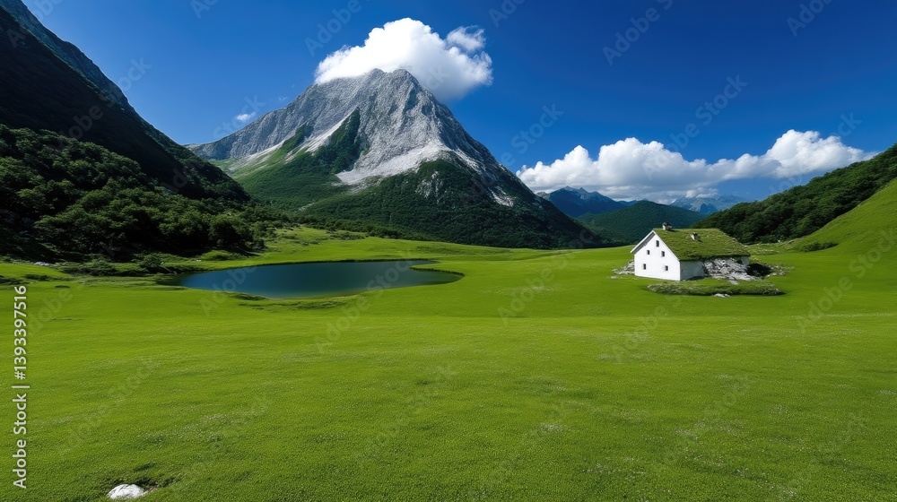 Fototapeta premium Picturesque mountain meadow with a serene lake and a quaint house nestled in the valley. Lush green grass, a tranquil alpine lake, and a snow-capped mountain peak dominate the landscape