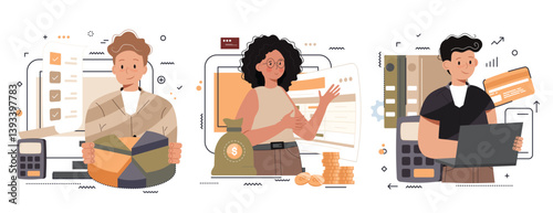 Budget bookkeeping illustration set. People doing paperwork. Characters accounting debit and credit, calculating bills and income taxes. Financial management concept. Vector illustration.