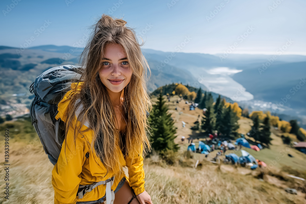 Naklejka premium Young woman hiking in mountains at sunrise in summer smiling and enjoying the view, wide angle