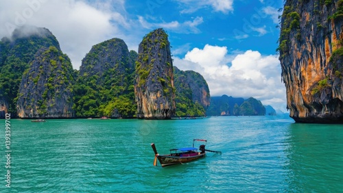 A peaceful scene with a boat floating in the middle of a lake, perfect for use as a background or in advertising
