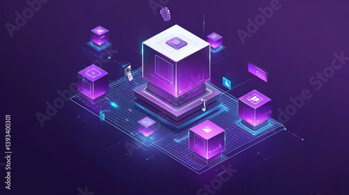 Futuristic digital technology concept showcasing interconnected purple cubes with data icons