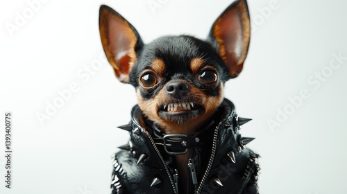 A chihuahua dog dressed in a studded leather jacket, displaying a fierce expression