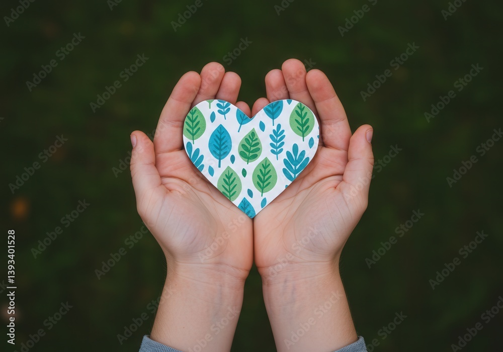 A pair of hands cradles a heart adorned with a vibrant, leafy design against soft green tones. A pair of hands cradles a heart adorned with a vibrant, leafy design against soft green tones.