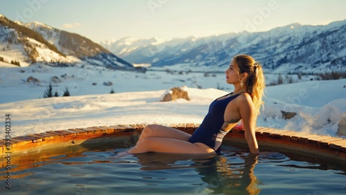 Obraz na płótnie A person soaking in a warm bath surrounded by snow, ideal for winter themes and relaxation scenes w salonie