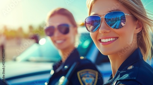 Smiling female officers in sunglasses standing together by a police car on a bright, sunny day.