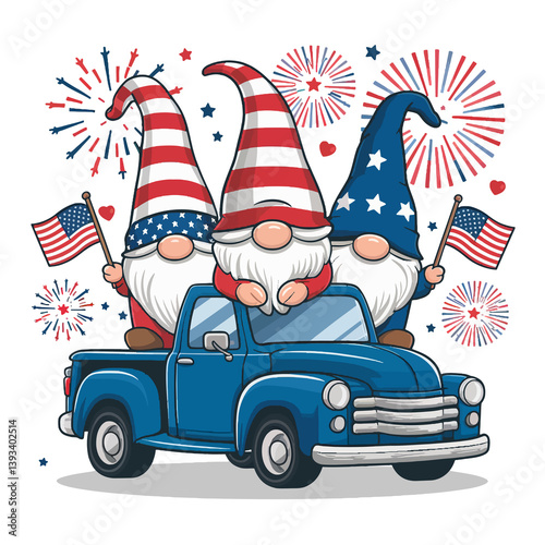 Three gnomes wearing hats with American flag patterns stand in the back of a blue pickup truck, each holding a small flag.