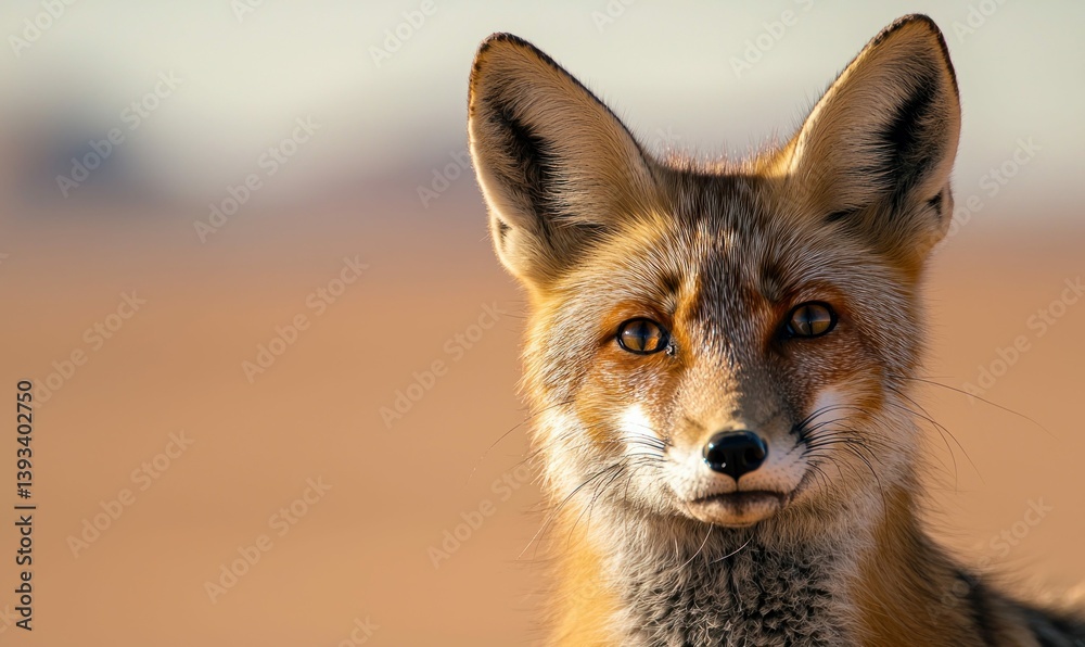 Fototapeta premium A beautiful red fox stares intently, its fur blending perfectly with the sandy desert landscape.