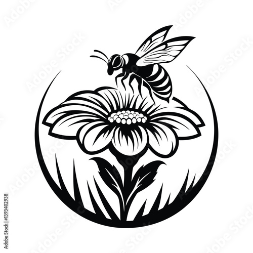 Black and White Bee on Flower Silhouette, Pollinating Blossom Icon, Isolated Design