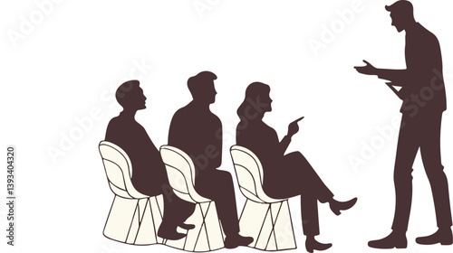 Business presentation silhouette, team meeting vector, speaker and audience illustration, corporate discussion, leadership communication, coaching session, seminar concept, office training