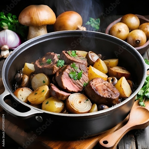 stewed meat with potatoes, onions and mushrooms