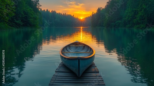 Serene Sunset Voyage: A tranquil rowboat rests on a wooden dock, inviting viewers to embark on a visual journey across a calm lake, illuminated by the vibrant hues of a breathtaking sunset. 