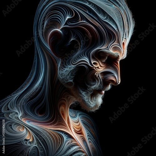 Abstract digital profile of a human head with swirling fluid patterns in blue and orange