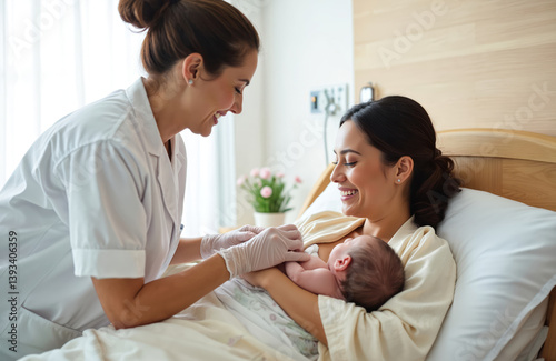 Happy hispanic mother breastfeeding newborn baby in hospital after delivery. Lactation consultant helps nursing mother, providing breastfeeding support. Maternity, post natal care, medical