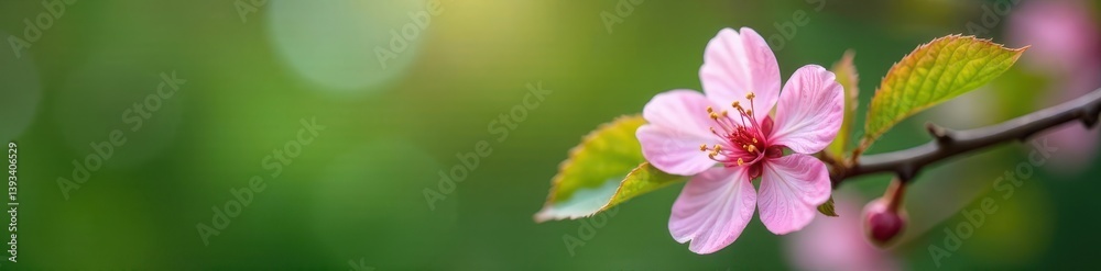 A single pink cherry blossom against a green leaf background, blossom, pink cherry blossom A single pink cherry blossom against a green leaf background, blossom, pink cherry blossom