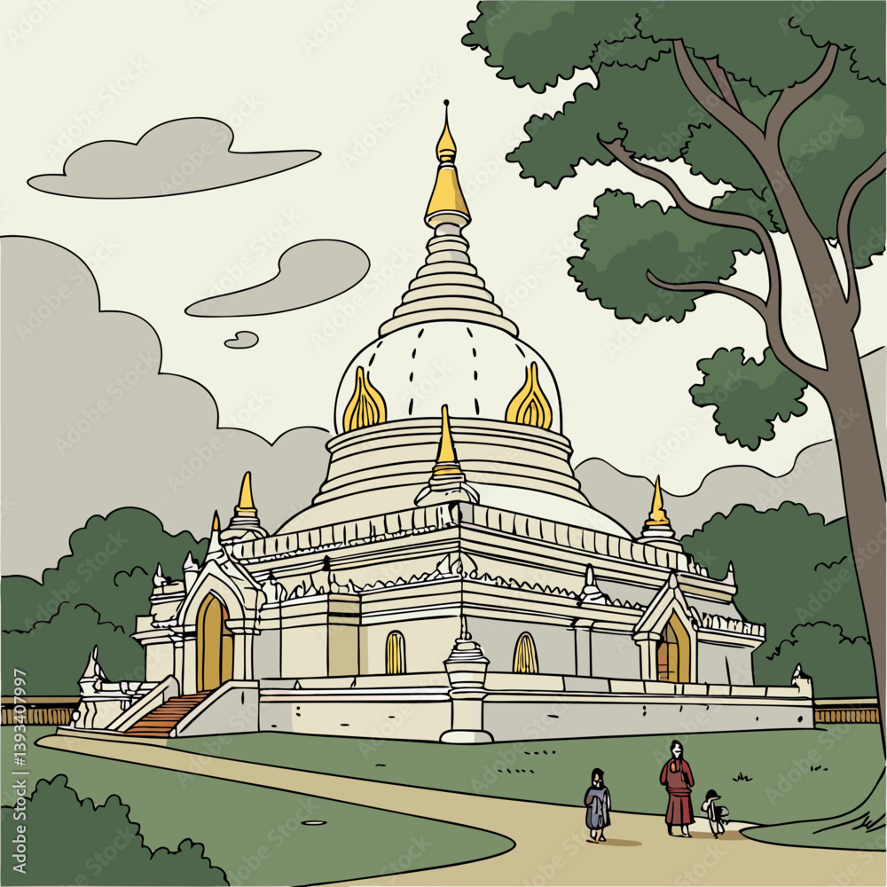 Naklejka premium A Buddhist temple or Buddhist monastery is the place of worship for Buddhists, the followers of Buddhism. They include the structures called vihara, chaitya, stupa, wat and pagoda in different regions