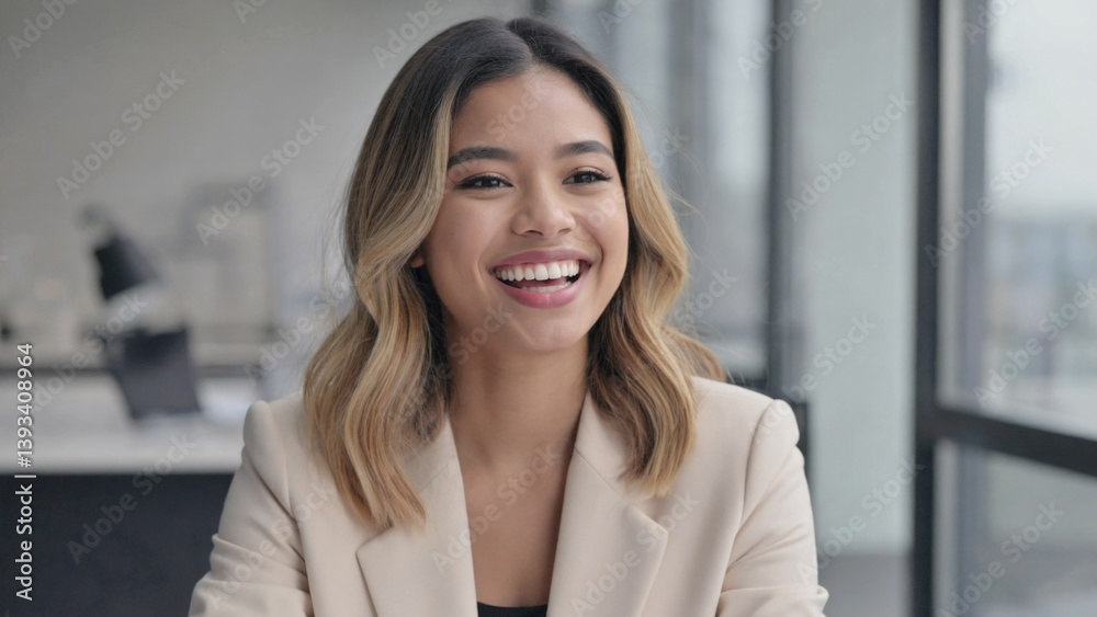 A smiling woman wearing a white blazer, great for editorial or commercial use A smiling woman wearing a white blazer, great for editorial or commercial use