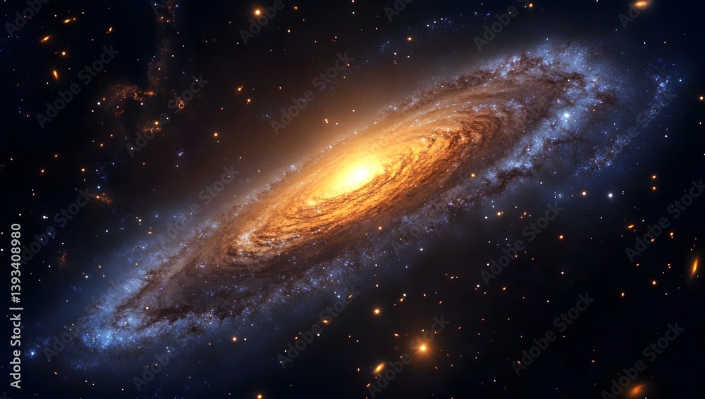 Fototapeta premium Spiral galaxy with bright center and swirling arms in dark space.