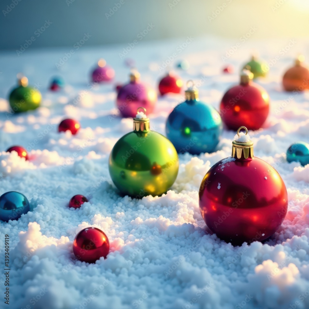 Fototapeta premium Colorful Christmas balls scattered on snowy ground, snow, season