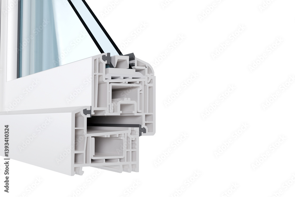 3D model of a window profile in section with glass on a white background, window 3D model of a window profile in section with glass on a white background, window