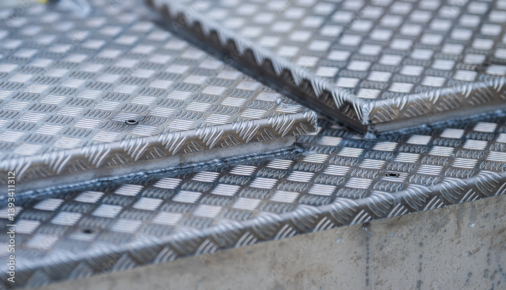 overlapping metal plates with checkered texture.