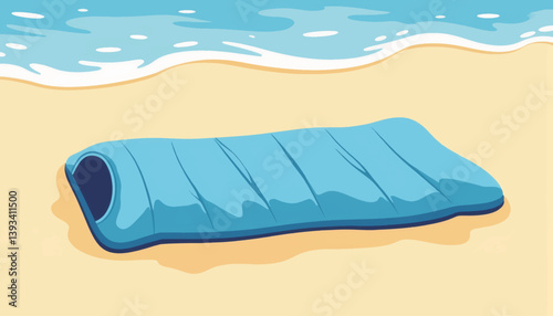 Light blue sleeping bag on sandy beach with stylized waves, relaxation