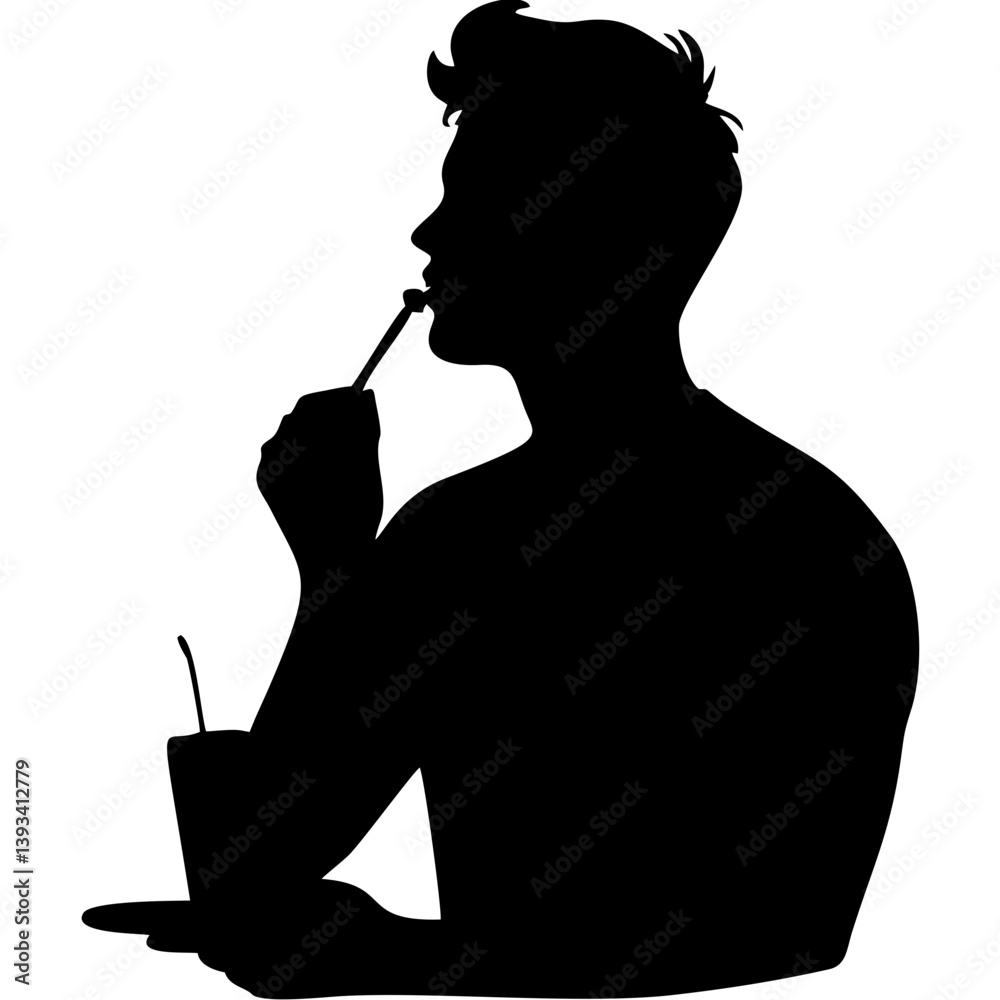Man eating dessert and holding drink in silhouette style
Man eating dessert and holding drink in silhouette style