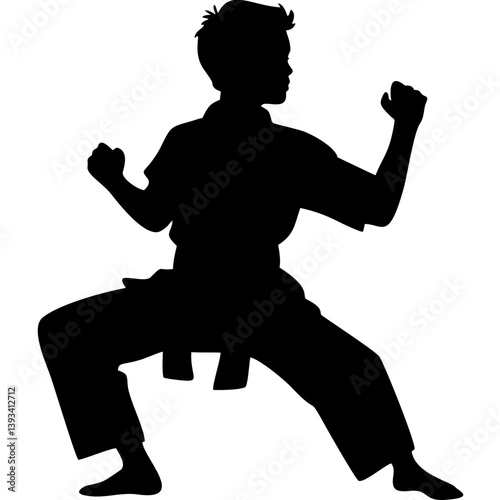 Boy practicing karate stance silhouette on beige background
