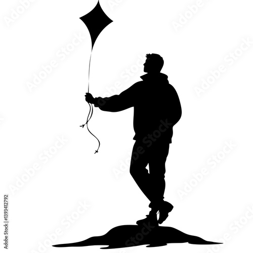 Man flying a kite on hilltop against white background
