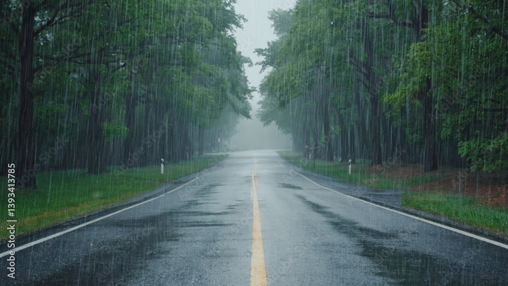Fototapeta premium A wet road in the middle of a forest, suitable for travel or outdoor adventure photography