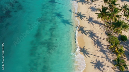 Aerial view of a tropical beach with palm trees, suitable for travel or summer theme