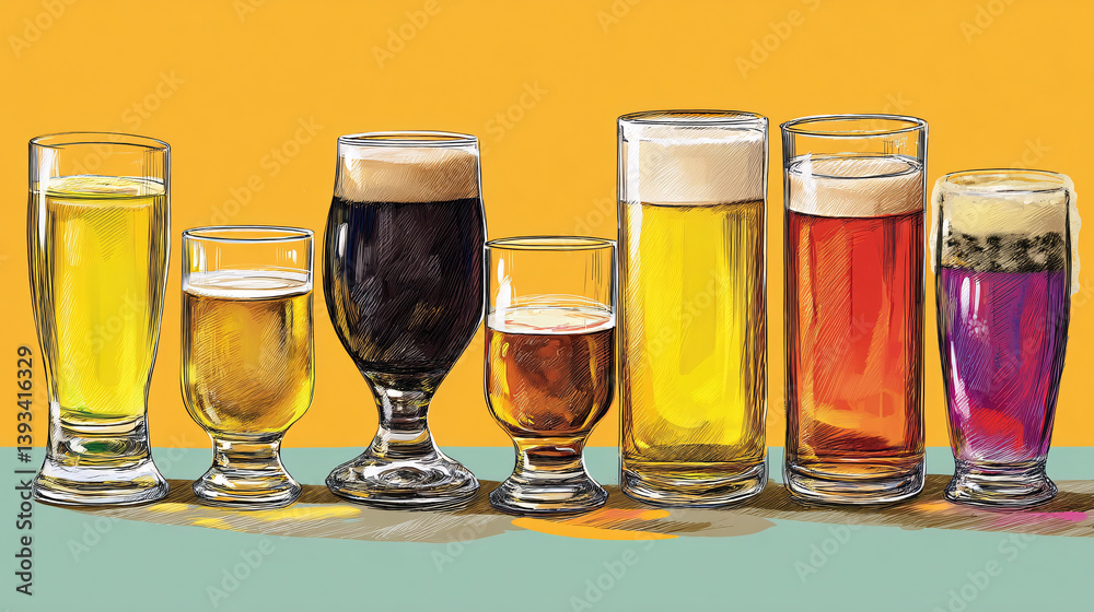 A selection of handcrafted beers served in small glasses, showcasing a variety of colors. A selection of handcrafted beers served in small glasses, showcasing a variety of colors.